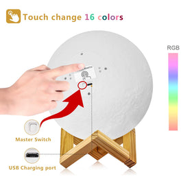 LOGROTATE Moon Lamp on wooden stand adds a stylish centerpiece to a bedroom.