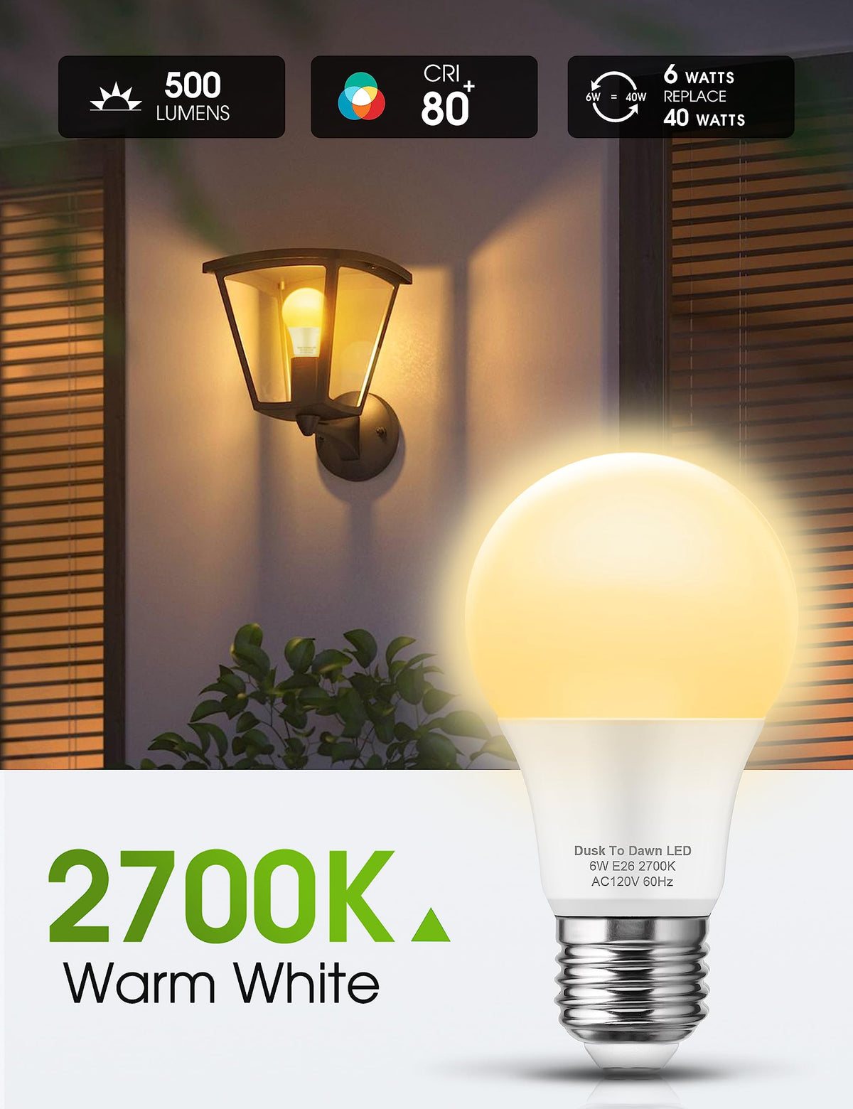 L LOHAS LED 2700K warm white outdoor bulb creates cozy exterior ambiance.
