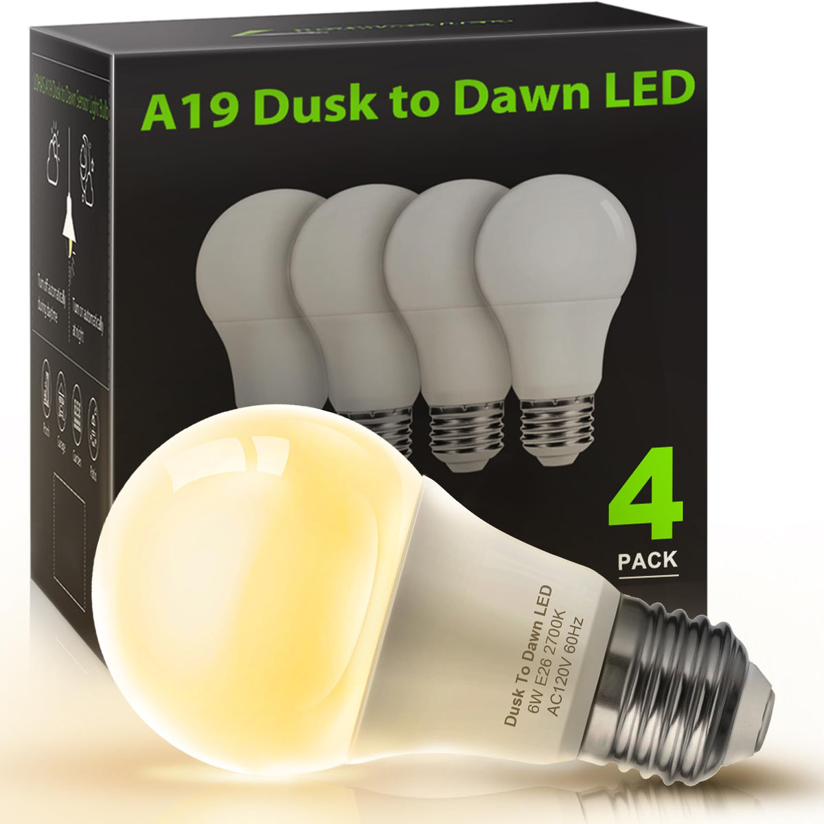 L LOHAS LED dusk-to-dawn bulb on porch provides hands-free outdoor illumination.