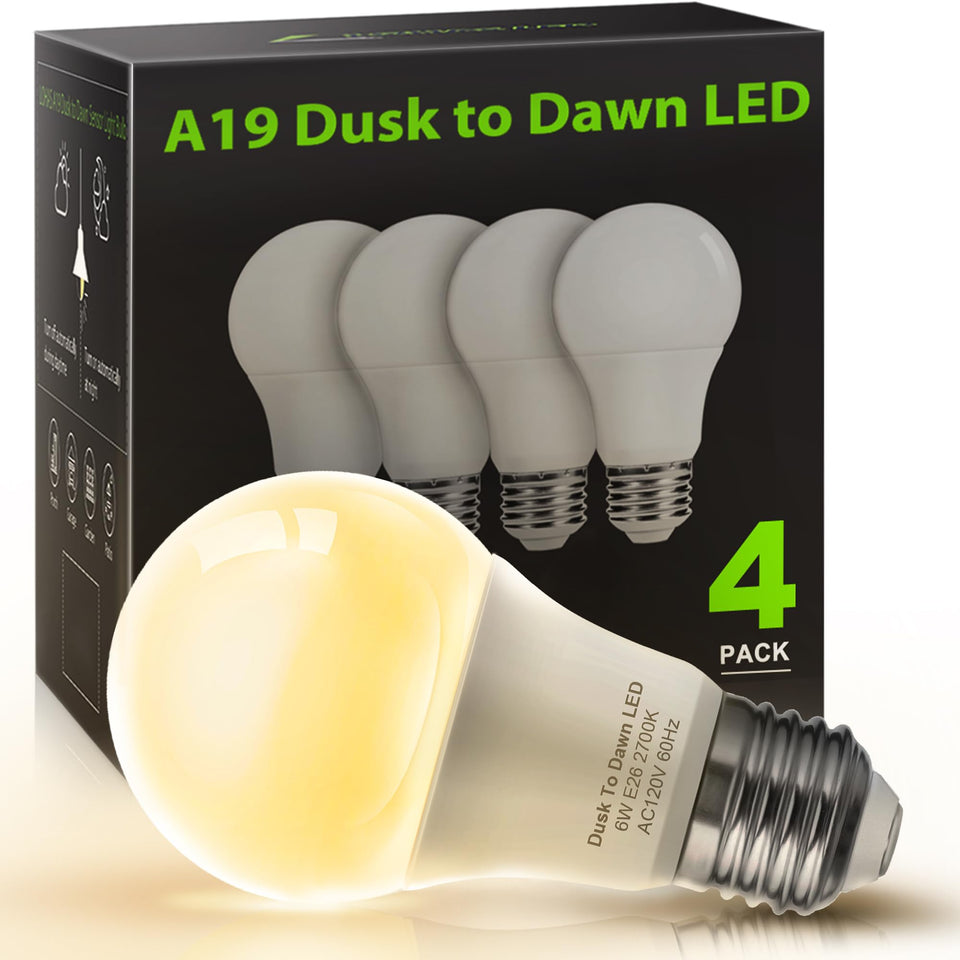 L LOHAS LED dusk-to-dawn bulb on porch provides hands-free outdoor illumination.