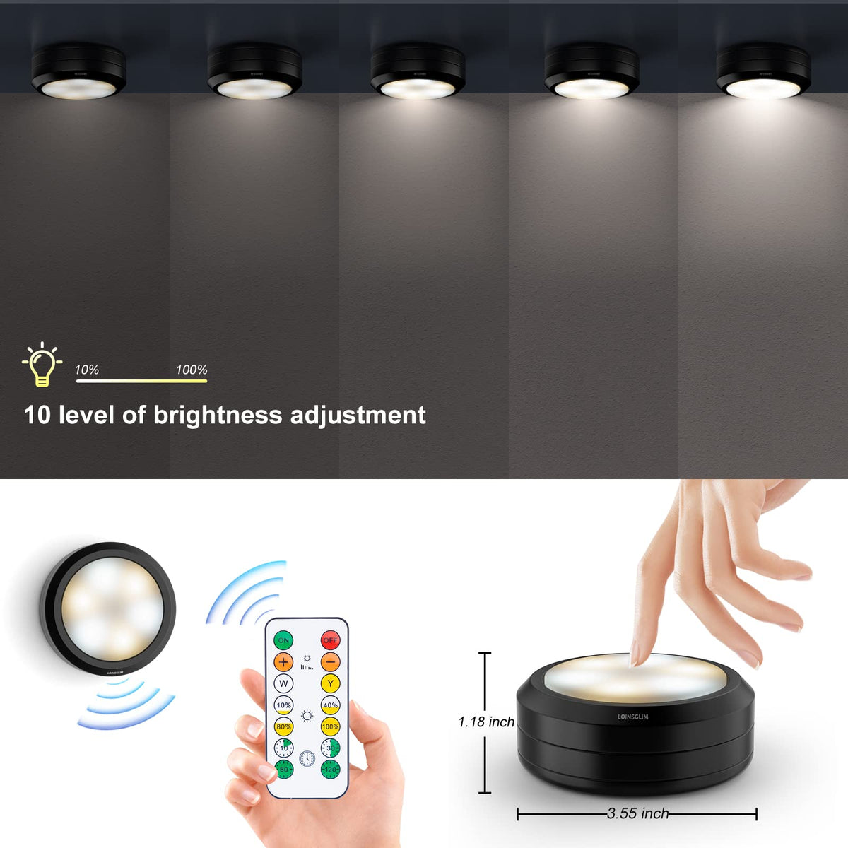 LOINSGLIM puck light closeup shows LED beads and slim lampshade for bright task lighting