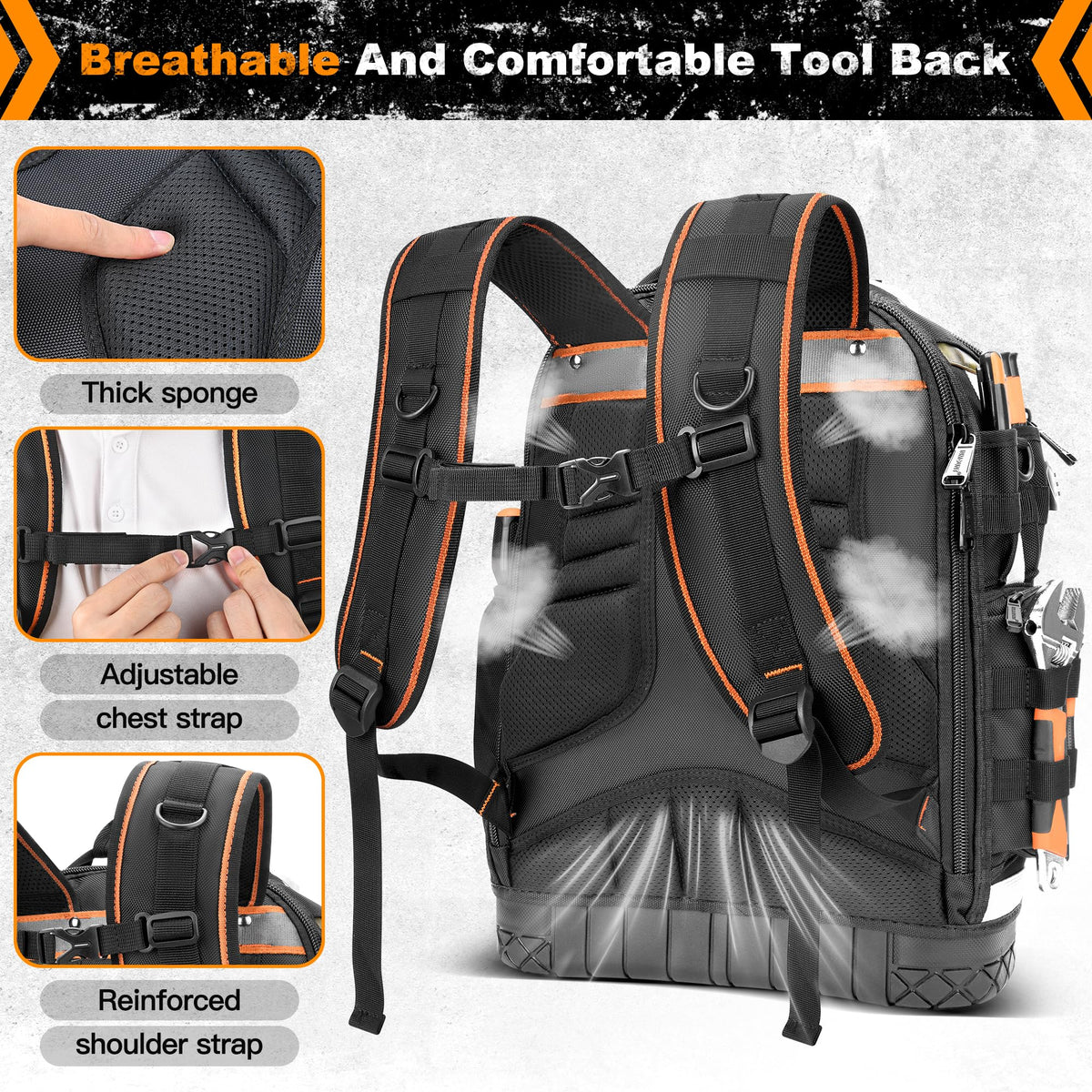 LOKASS Tool Backpack ergonomic straps cushion shoulders during long workdays.
