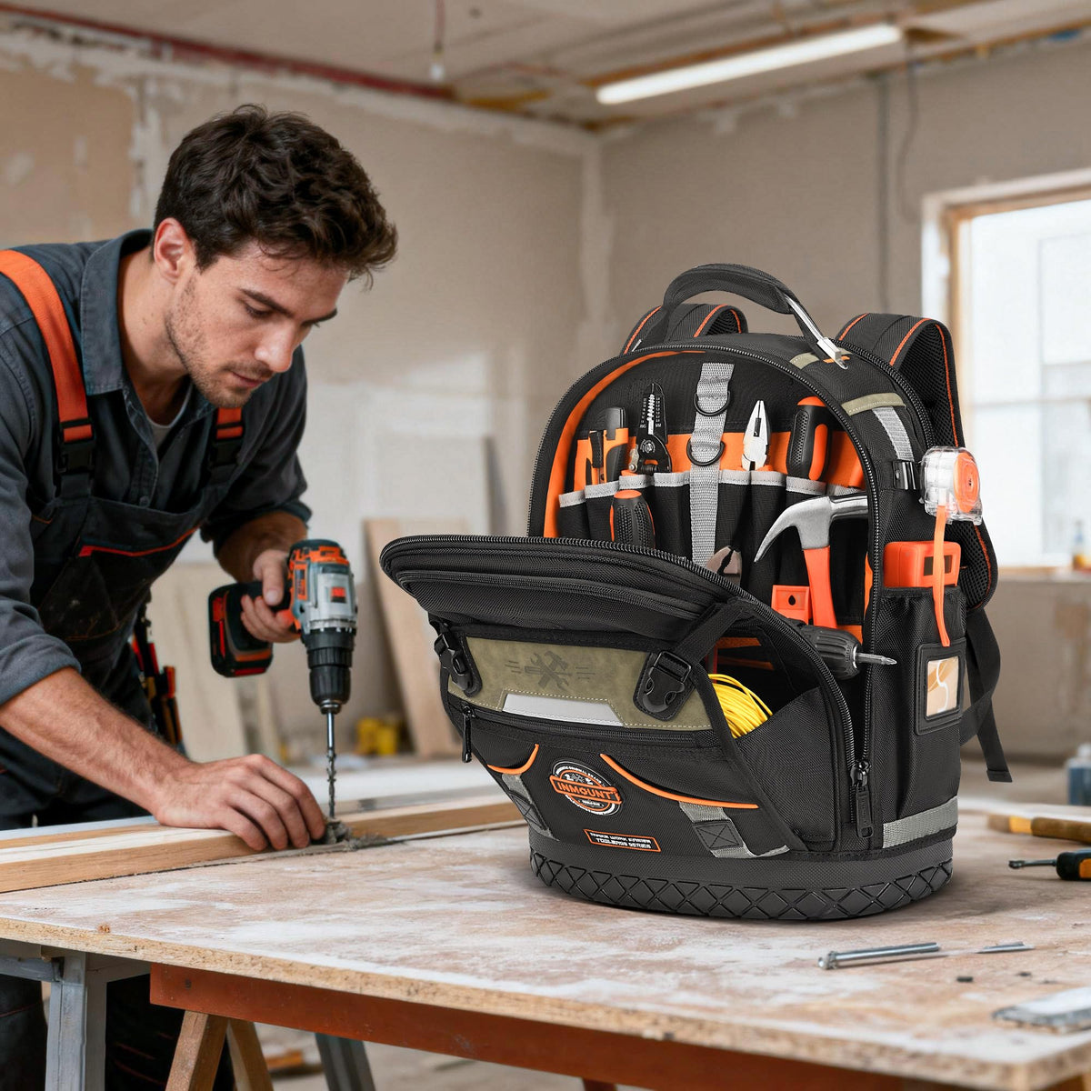 LOKASS Tool Backpack large capacity holds drills, testers and meters.