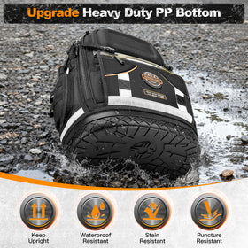LOKASS Tool Backpack molded base keeps contents stable and dry on uneven surfaces.