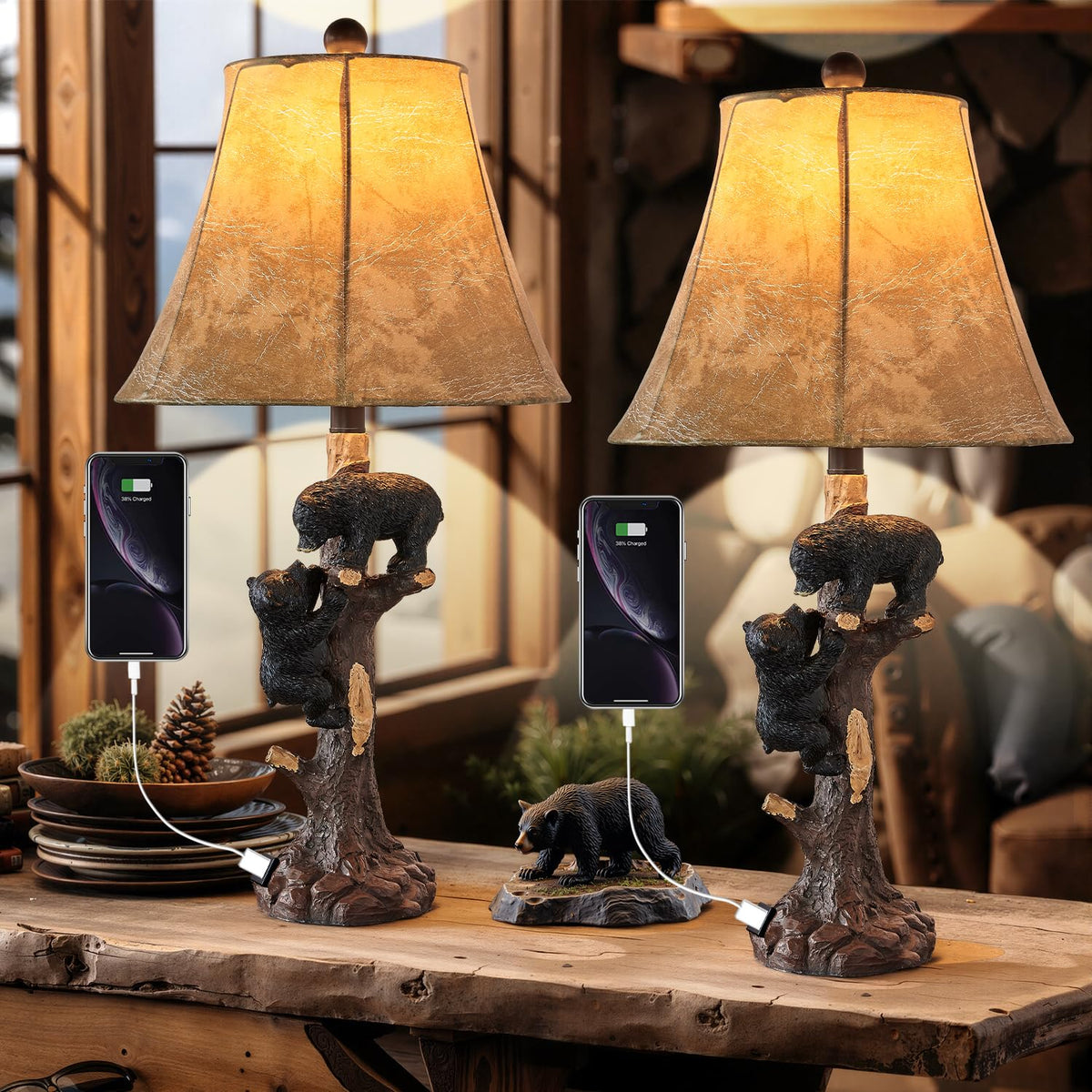 LOKHOM climbing bears lamp base offers rustic charm and sturdy bedside support.
