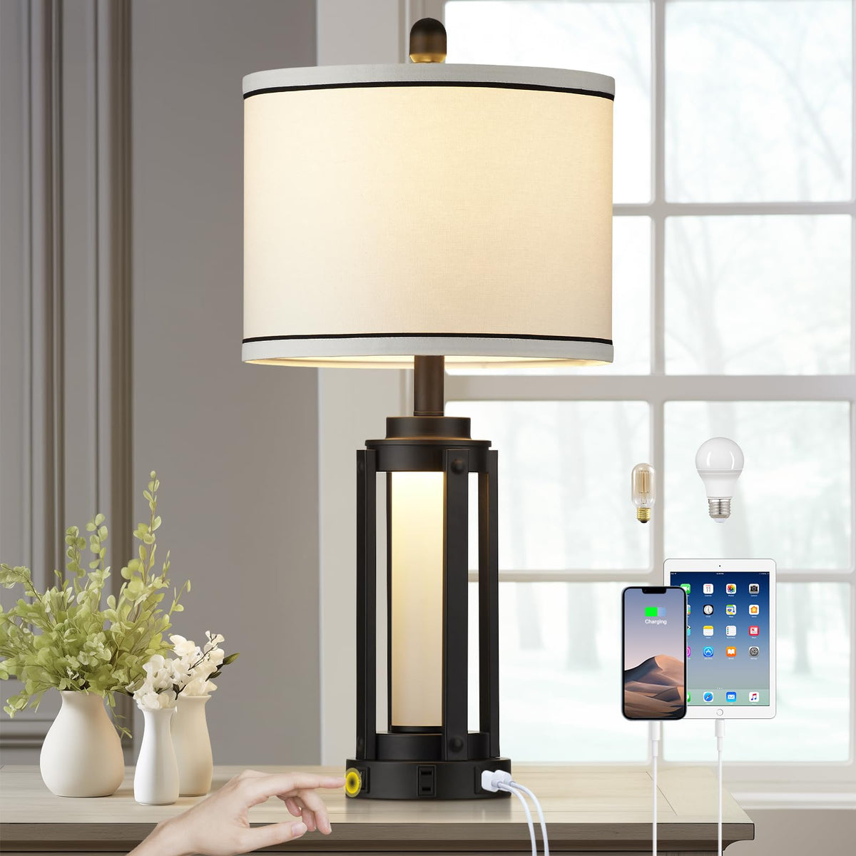 Lolokit 26-inch modern table lamp with USB and AC ports offers convenient charging while you relax.