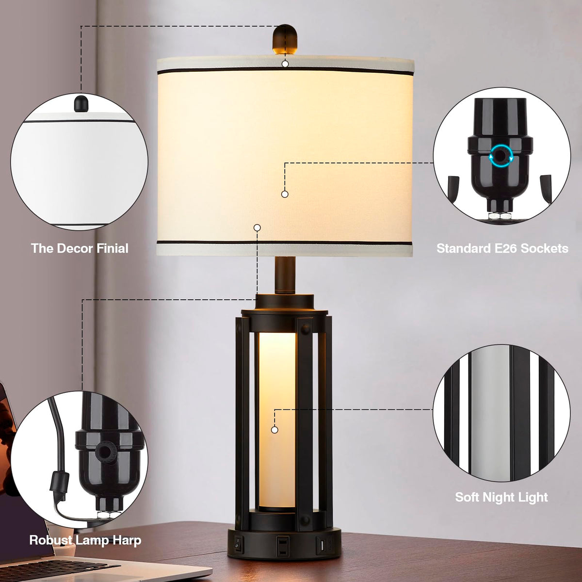 Lolokit industrial black table lamp with night light creates warm ambience in any room.