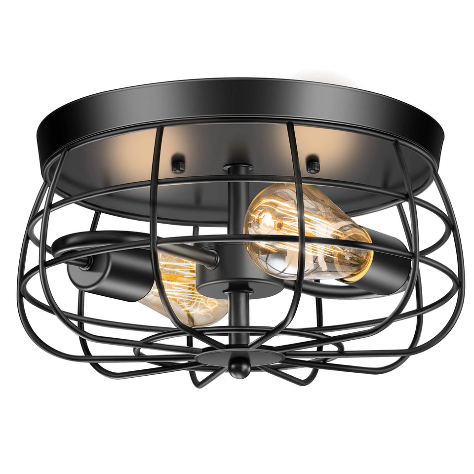Lomoky 2-light farmhouse ceiling light with black metal cage for living spaces