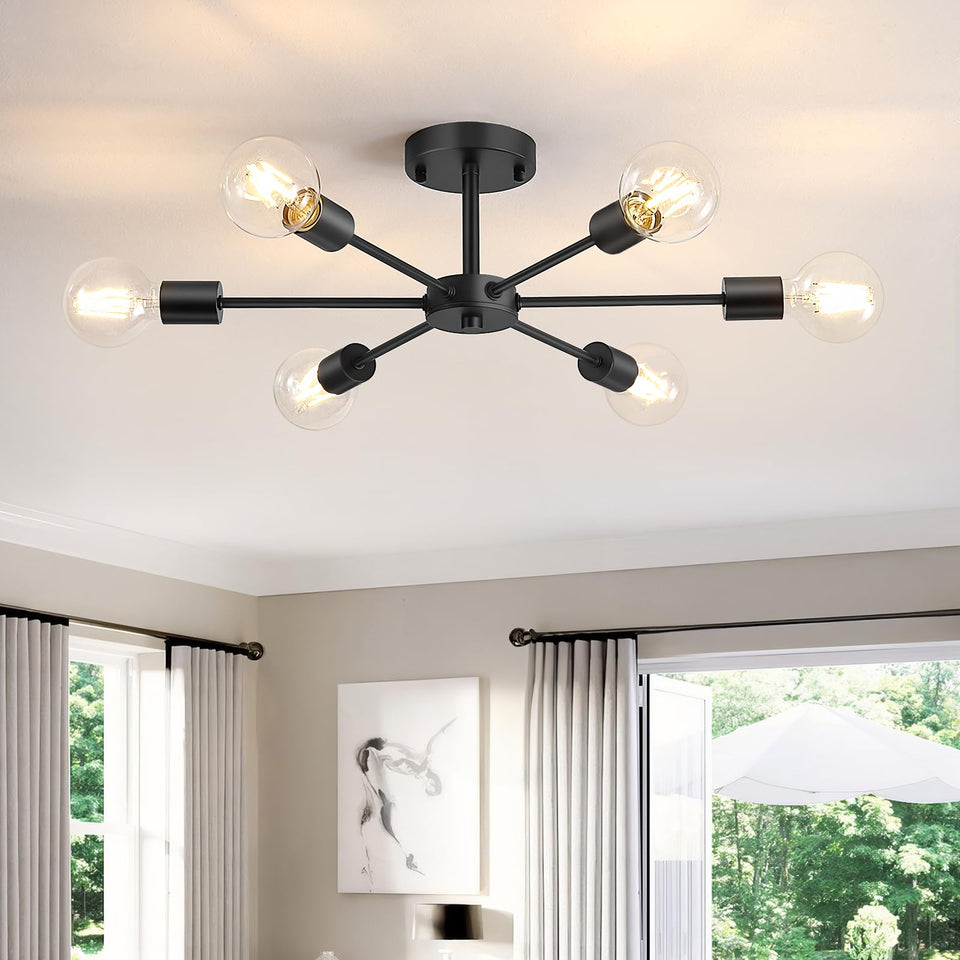 Lomoky 6-lights semi-flush matte-black ceiling light with even illumination.