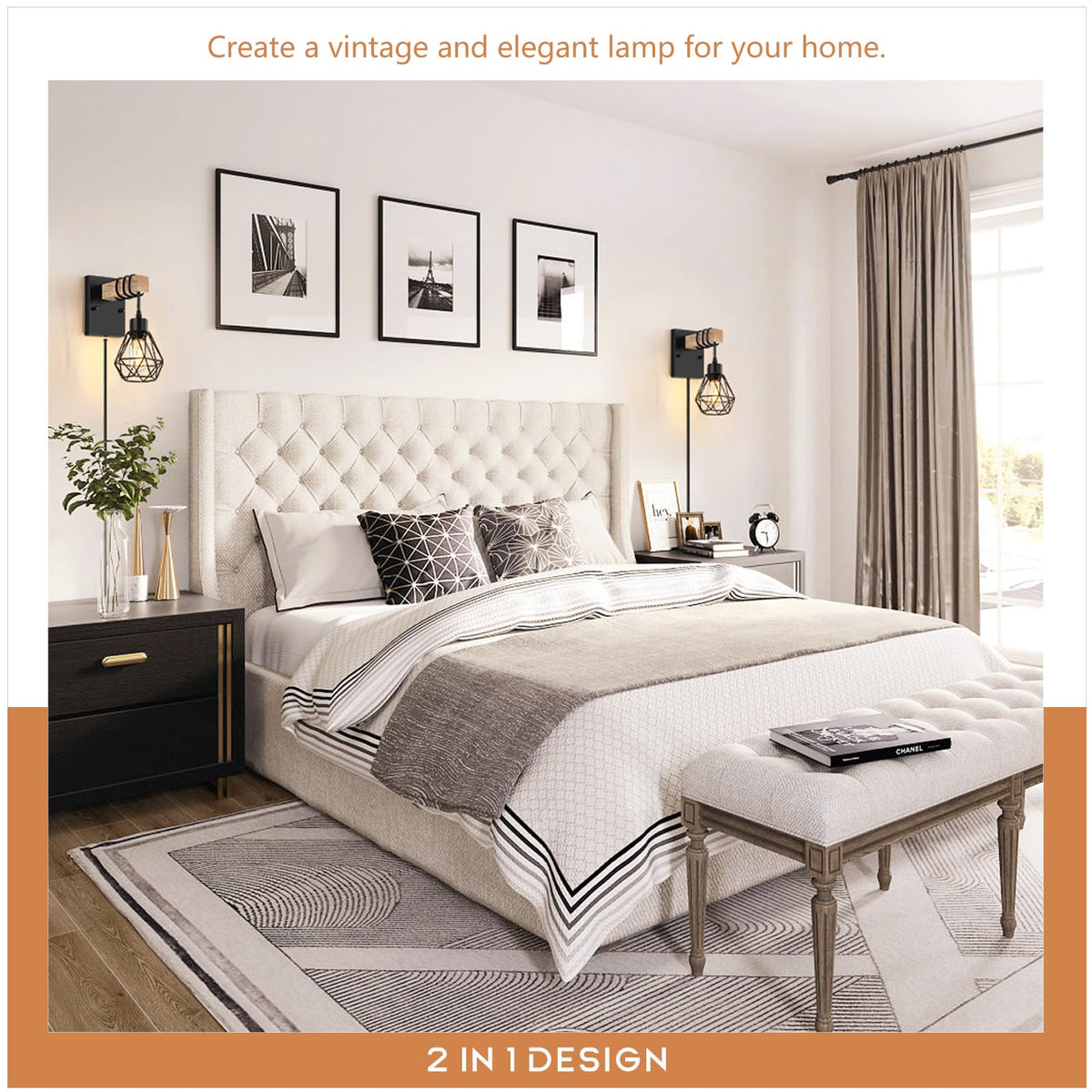 Lomoky two-wall-sconces in cozy bedroom setting cast warm ambient shadows.