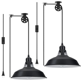 Lomoky plug-in pendant light with black barn shade for stylish indoor illumination.