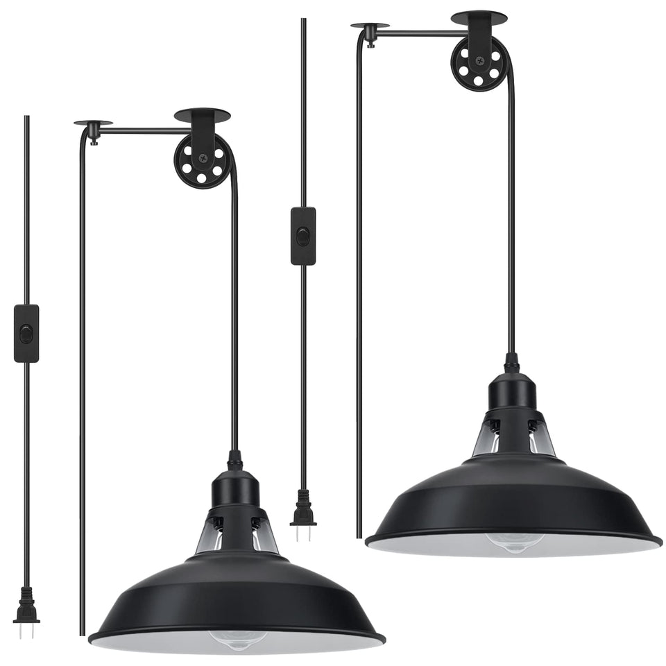 Lomoky plug-in pendant light with black barn shade for stylish indoor illumination.
