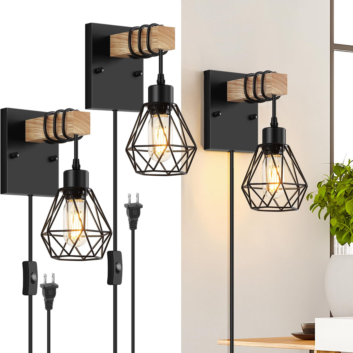 Lomoky plug-in wall sconces set two with vintage wood and diamond cage shade for cozy ambience.
