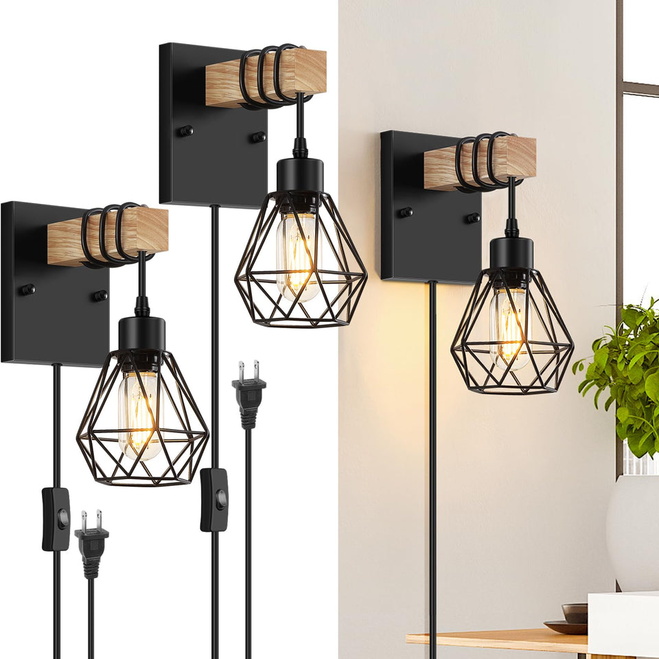 Lomoky plug-in wall sconces set two with vintage wood and diamond cage shade for cozy ambience.