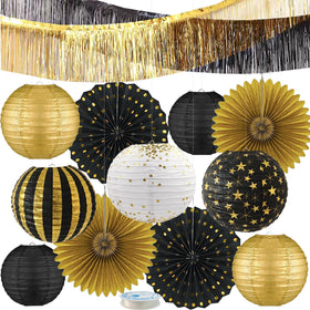 LOMOSO black and gold lanterns frame an elegant celebration backdrop.