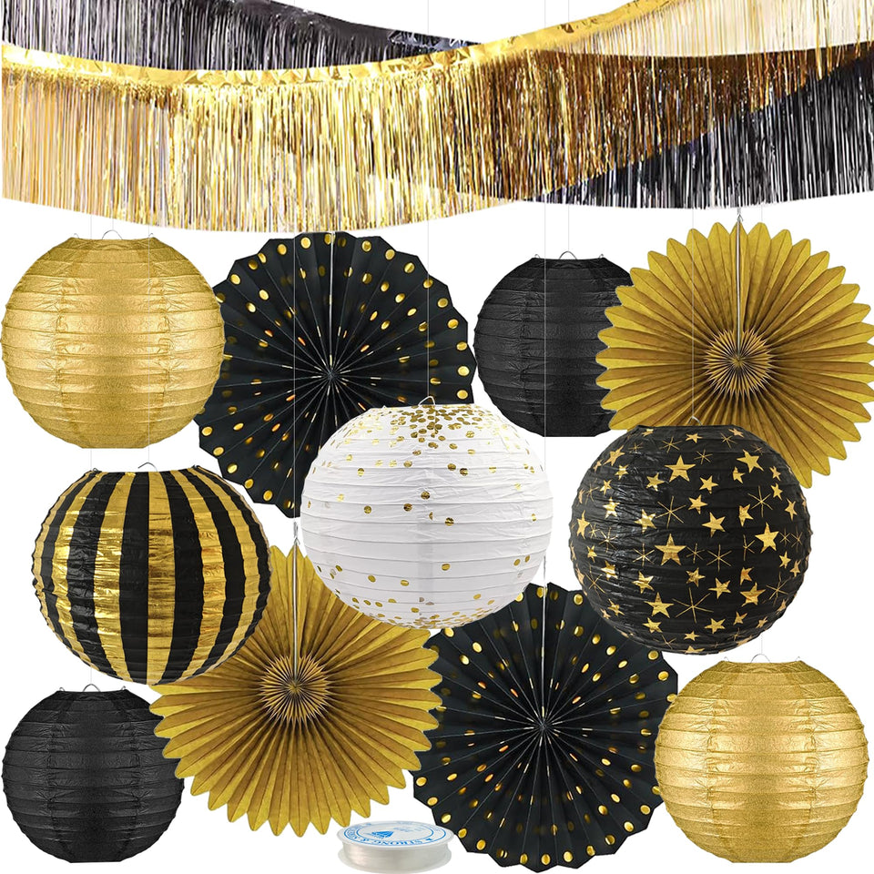 LOMOSO black and gold lanterns frame an elegant celebration backdrop.