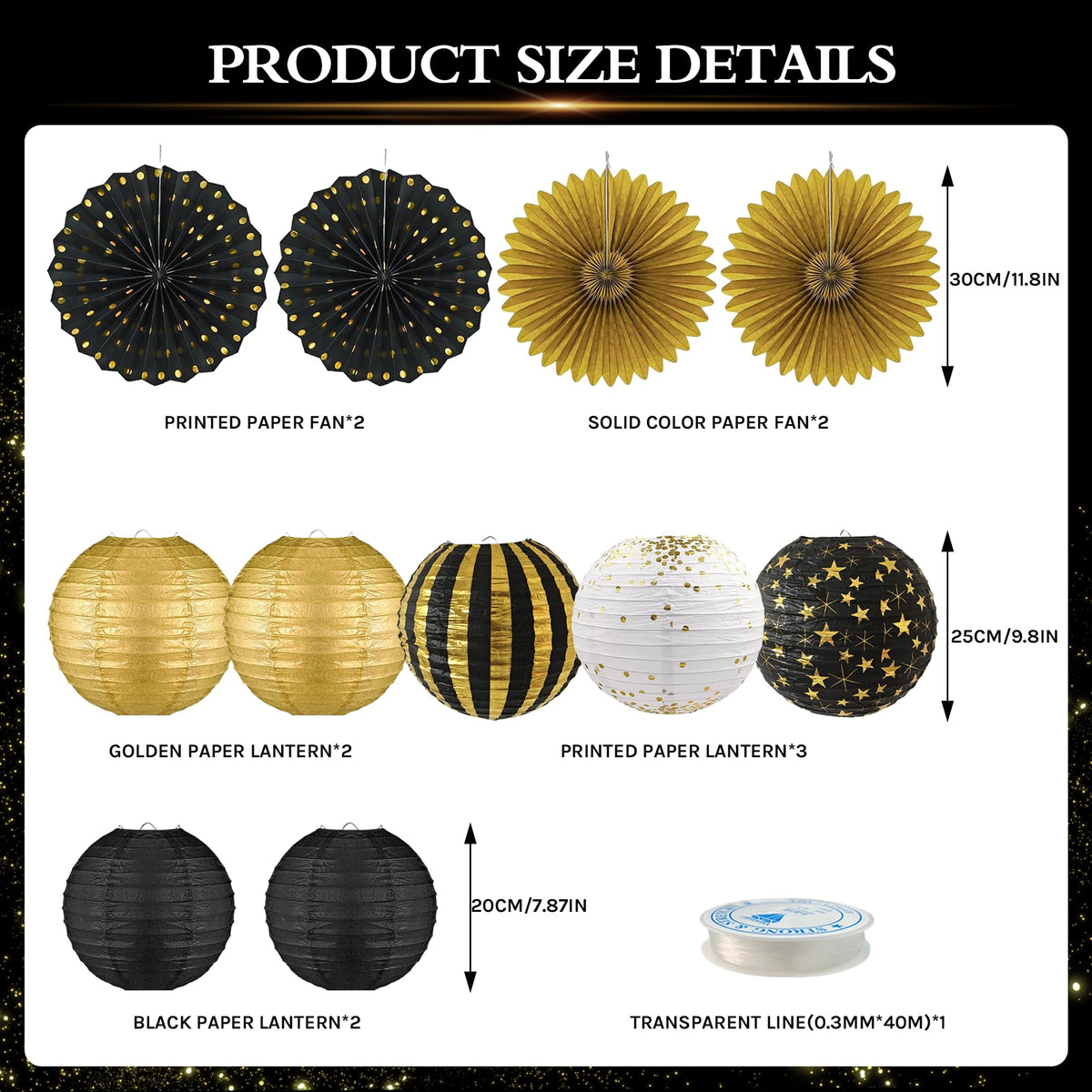 LOMOSO black and gold paper fan adds sparkle to decor.