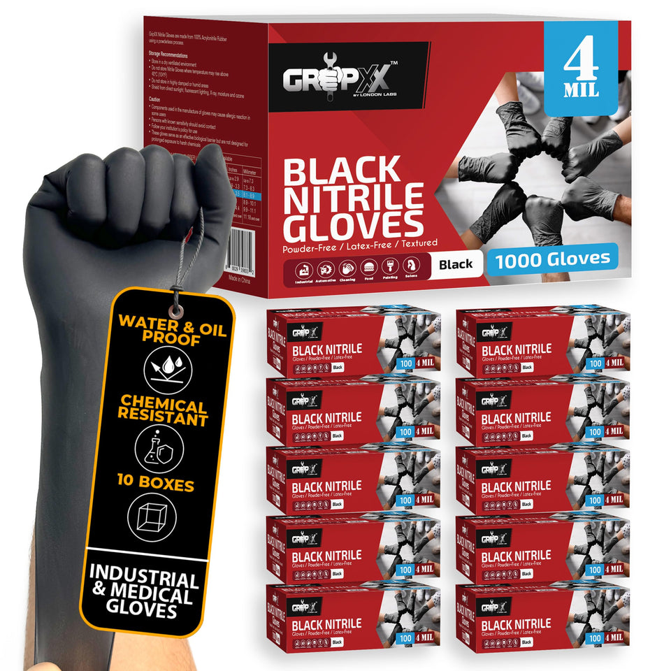 London Labs black nitrile gloves 4 mil packaging showing durable, professional look.