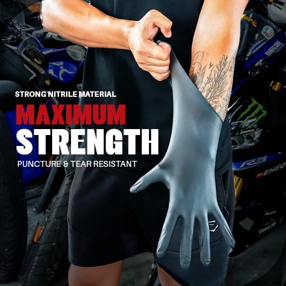 London Labs black nitrile gloves emphasize durability for tough automotive tasks.