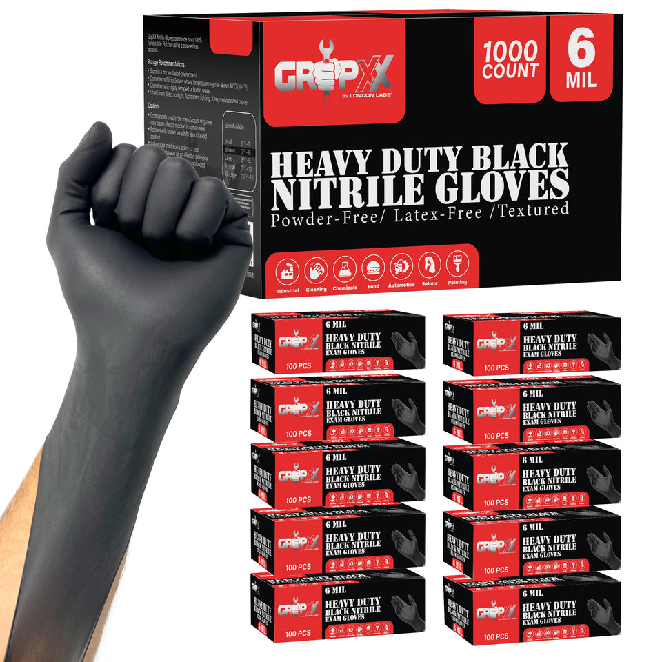 London Labs heavy-duty black nitrile gloves in package for durable protection.