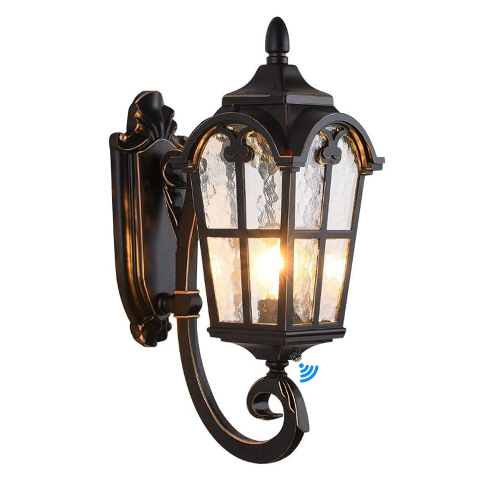LONEDRUID Dusk-to-Dawn wall light front view highlights the black Roman lantern, energy-saving potential.