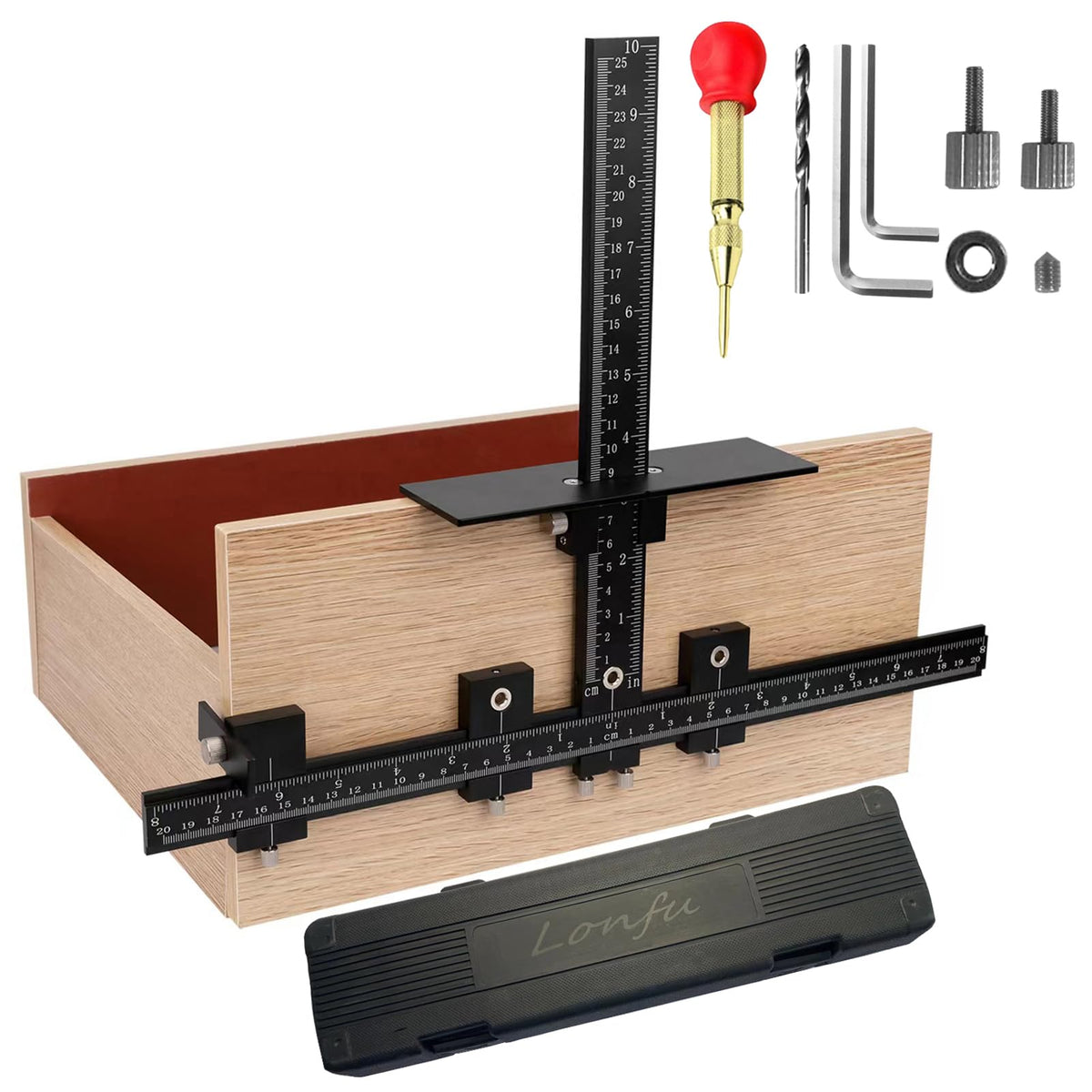Lonfu cabinet hardware jig front view shows durable aluminum body for precise hole alignment.
