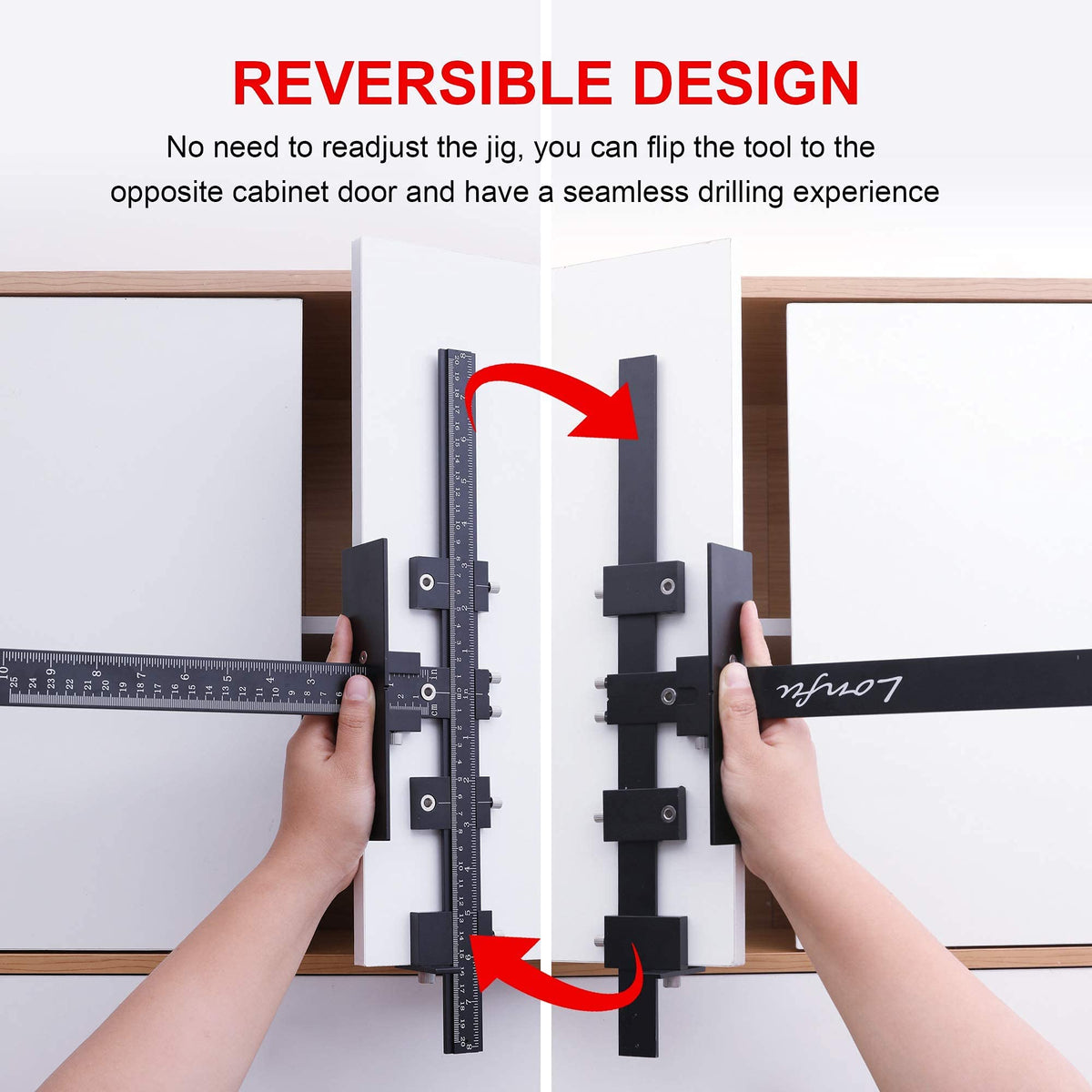 Lonfu jig in use on a drawer demonstrates quick, repeatable hole spacing.