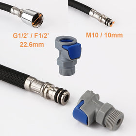 Long black nylon hose supports reliable connections for everyday kitchen use.