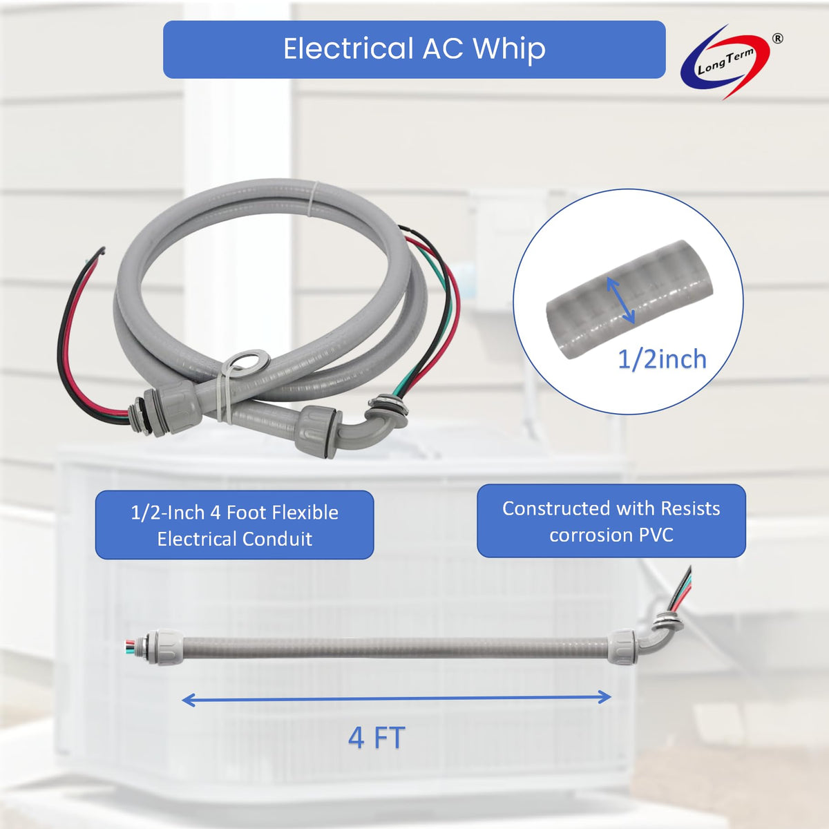 Long Term ac whip with THHN 10 AWG wires for quick hookups.
