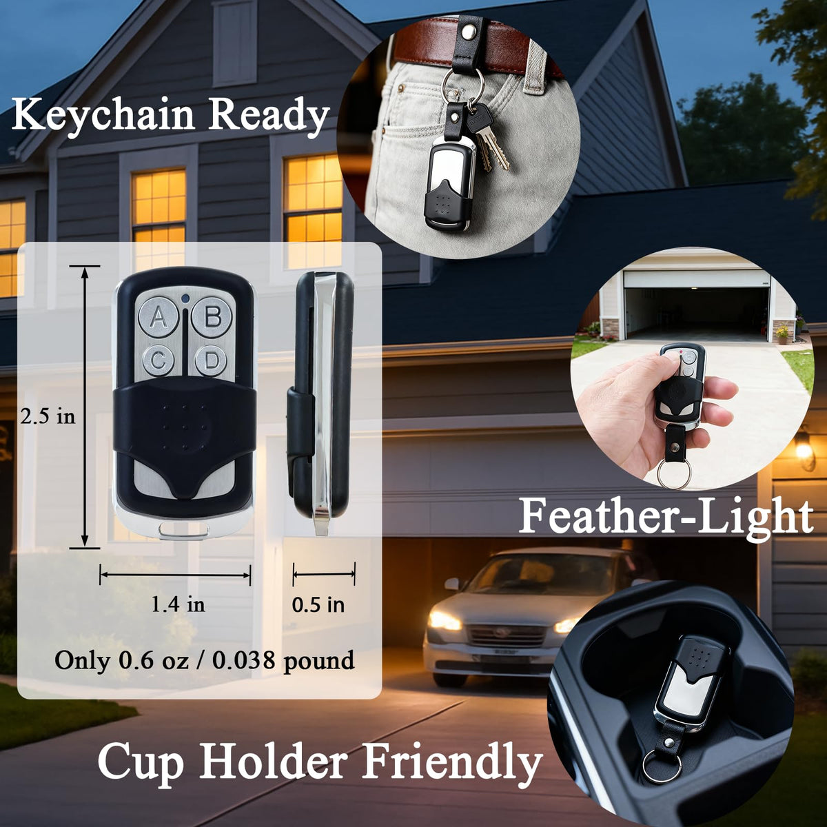 Four-button design controls multiple doors from a single LongCtrl remote.