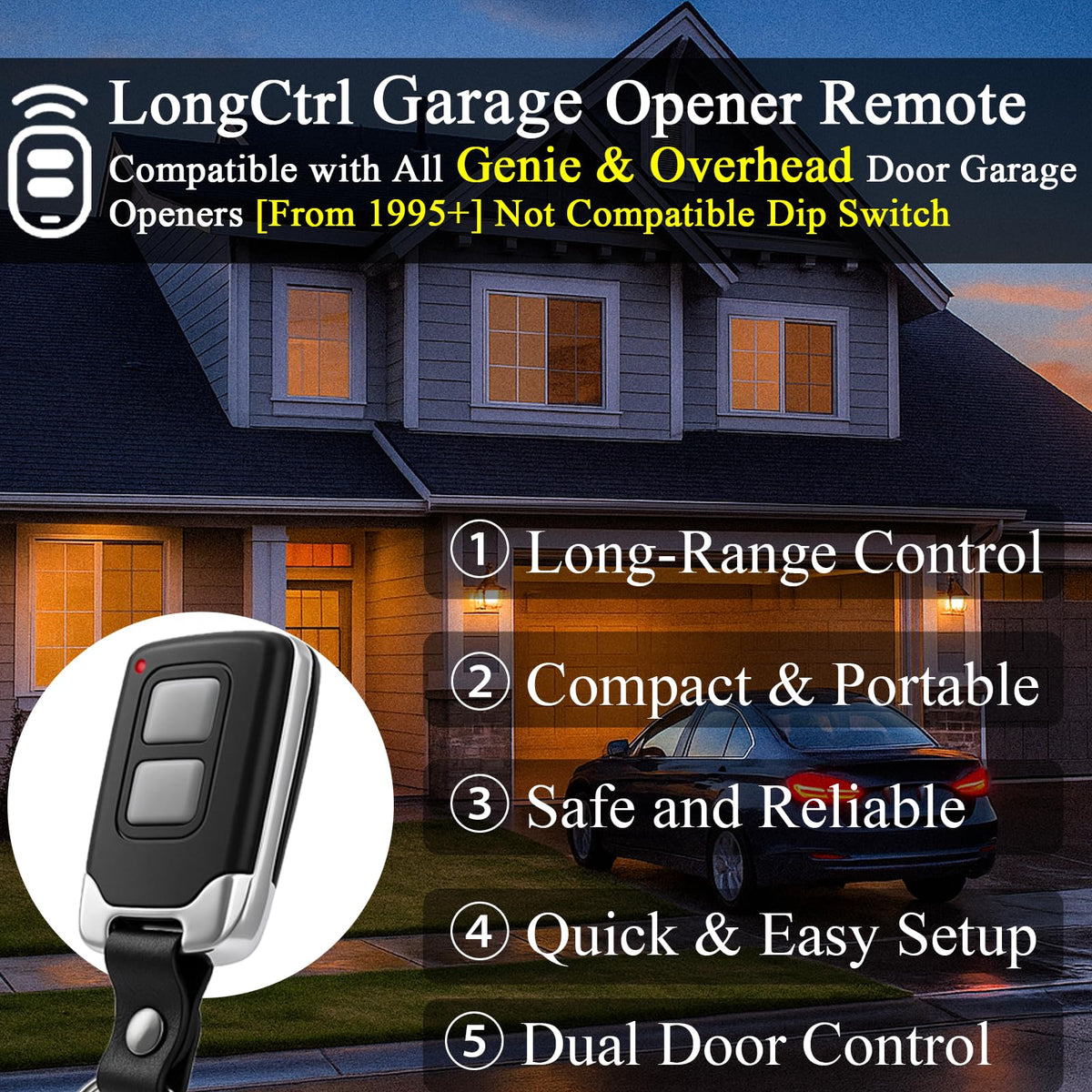 LongCtrl Genie remote back view showing learn button and frequency compatibility