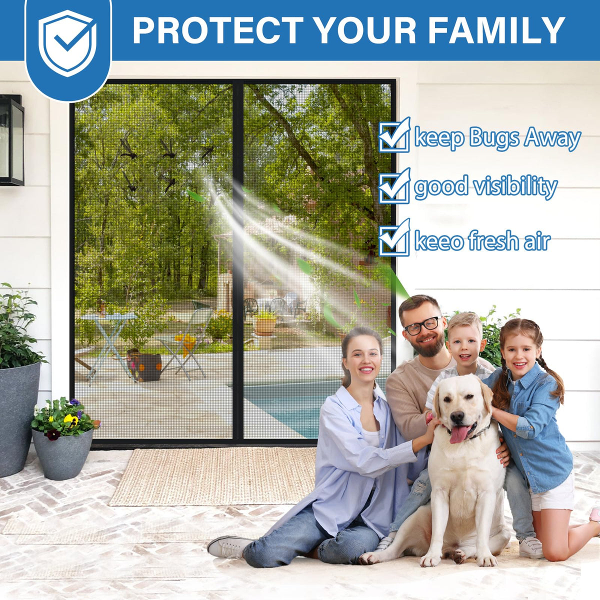 LONGEAS PET Mesh Magnetic Screen Door 72x80 easy install guide demonstrates quick setup.