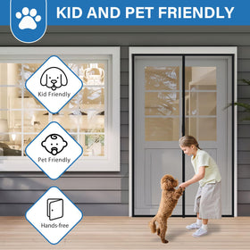 LONGEAS PET Mesh Magnetic Screen Door 72x80 in-use with kids and pets shows effortless passing.