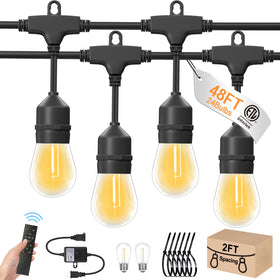LONIUTO 48ft outdoor string lights illuminate patios with warm, inviting glow.