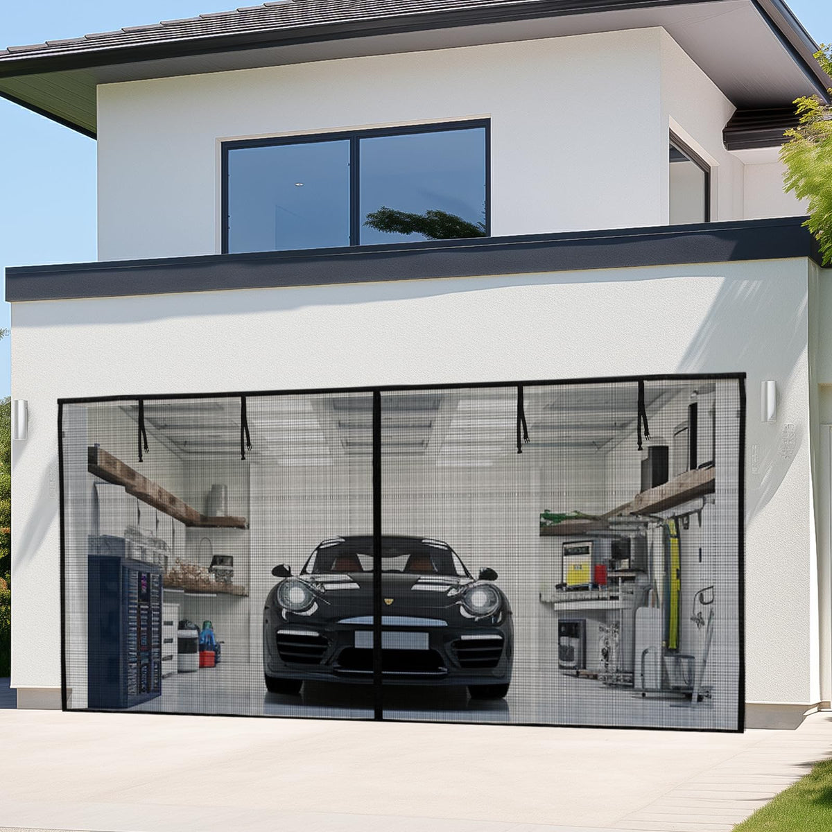 LOOBANI garage screen door front view with magnetic closure for hands-free access