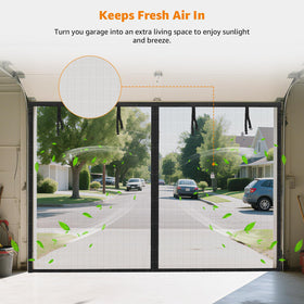 LOOBANI two-car garage screen rolled up with top straps for storage