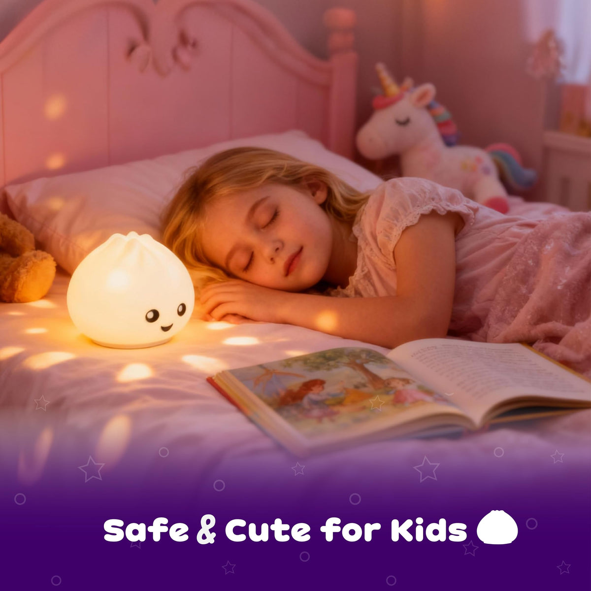 Look at Me Dumpling Squishy Night Light provides warm light for bedtime routines.