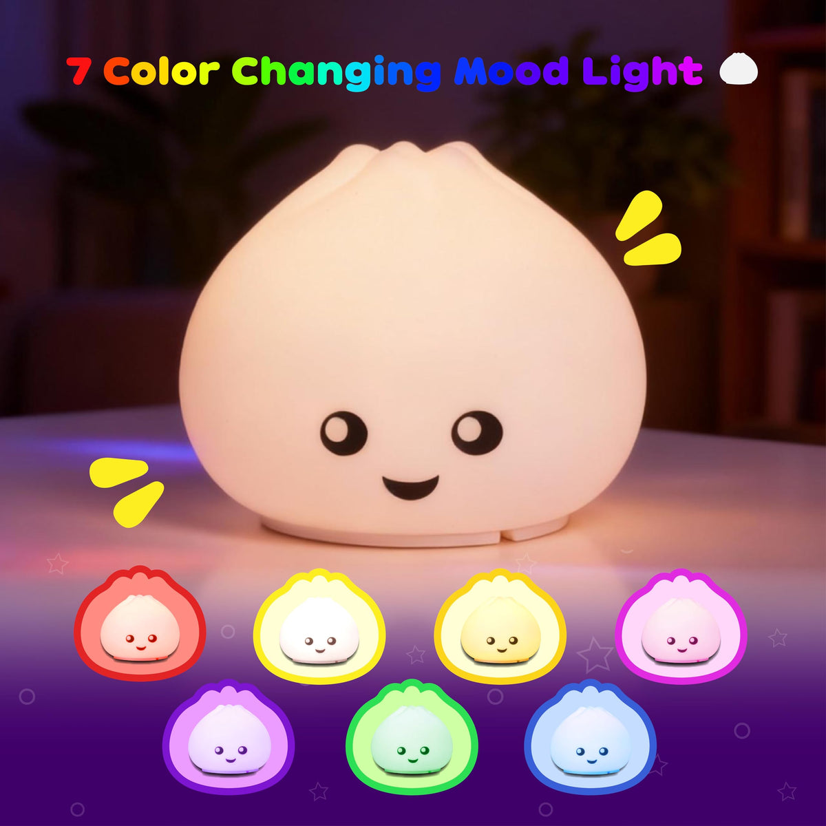 Look at Me Dumpling Squishy Night Light activates with a gentle pat for easy use.