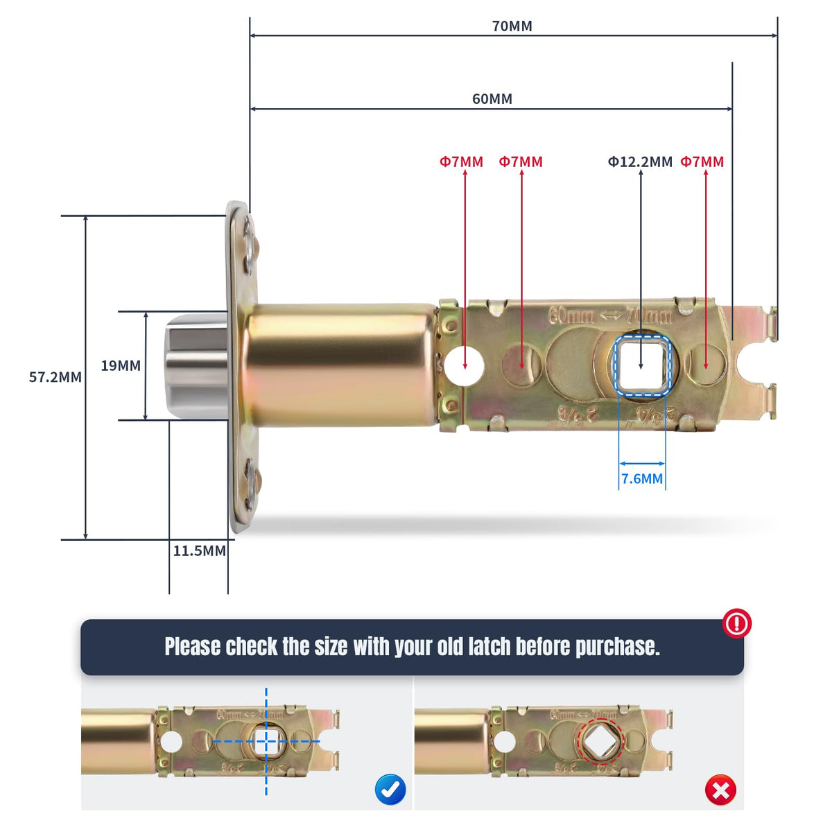 LOQRON universal latch with 7.6mm square holes fits multiple door thicknesses.