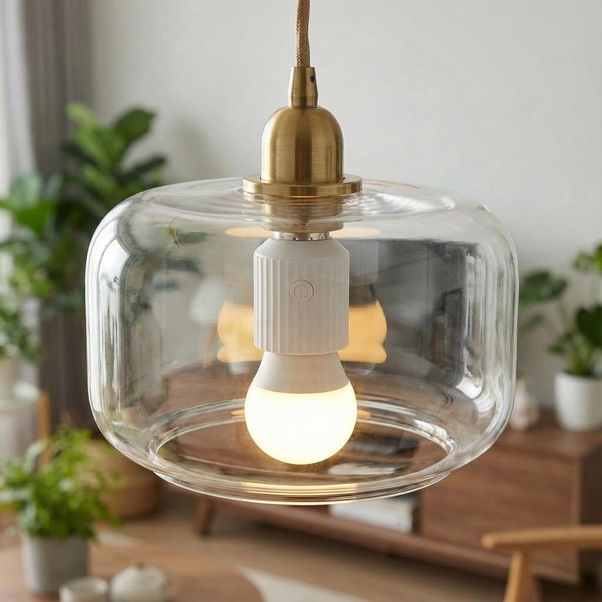 LoraTap Wi-Fi socket installed in a table lamp for instant lighting control.