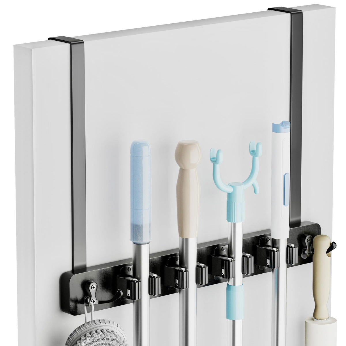 Lorbro over-door holder with four slots saves space for cleaning tools.