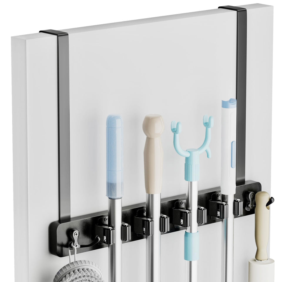 Lorbro over-door holder with four slots saves space for cleaning tools.