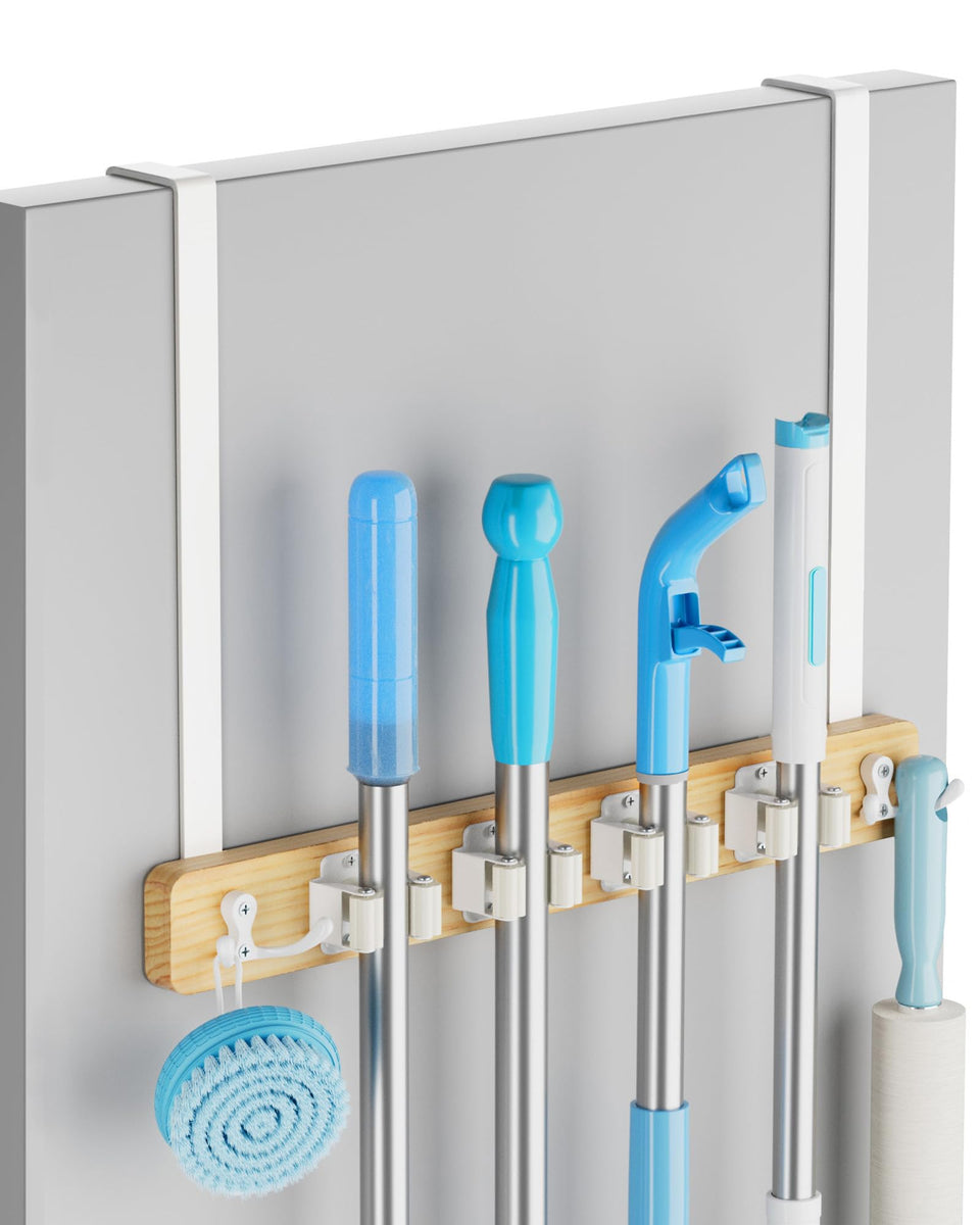 Lorbro broom holder over the door mount keeps tools organized without wall damage.