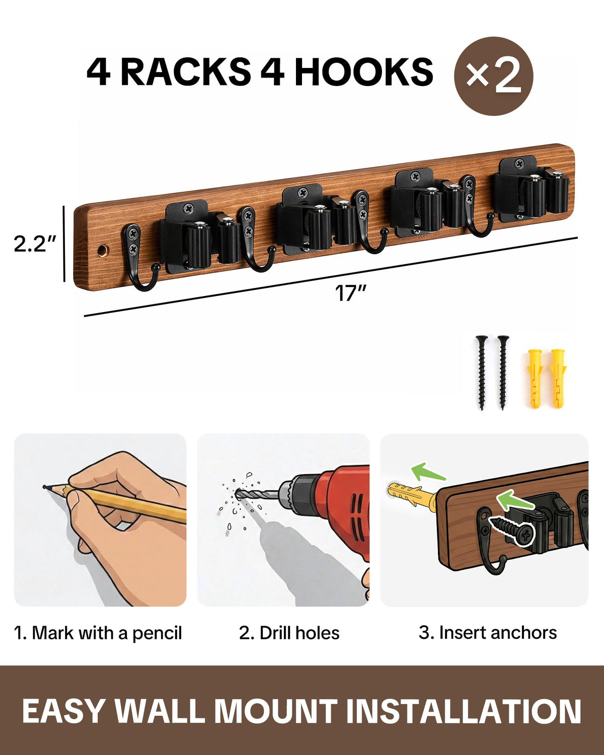 Lorbro broom-mop hanger with four slots and hooks for kitchen closet efficiency.