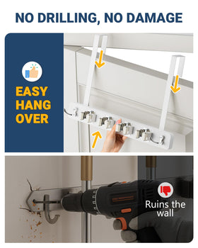 Lorbro broom and mop holder with four slots and hooks for clutter-free laundry.