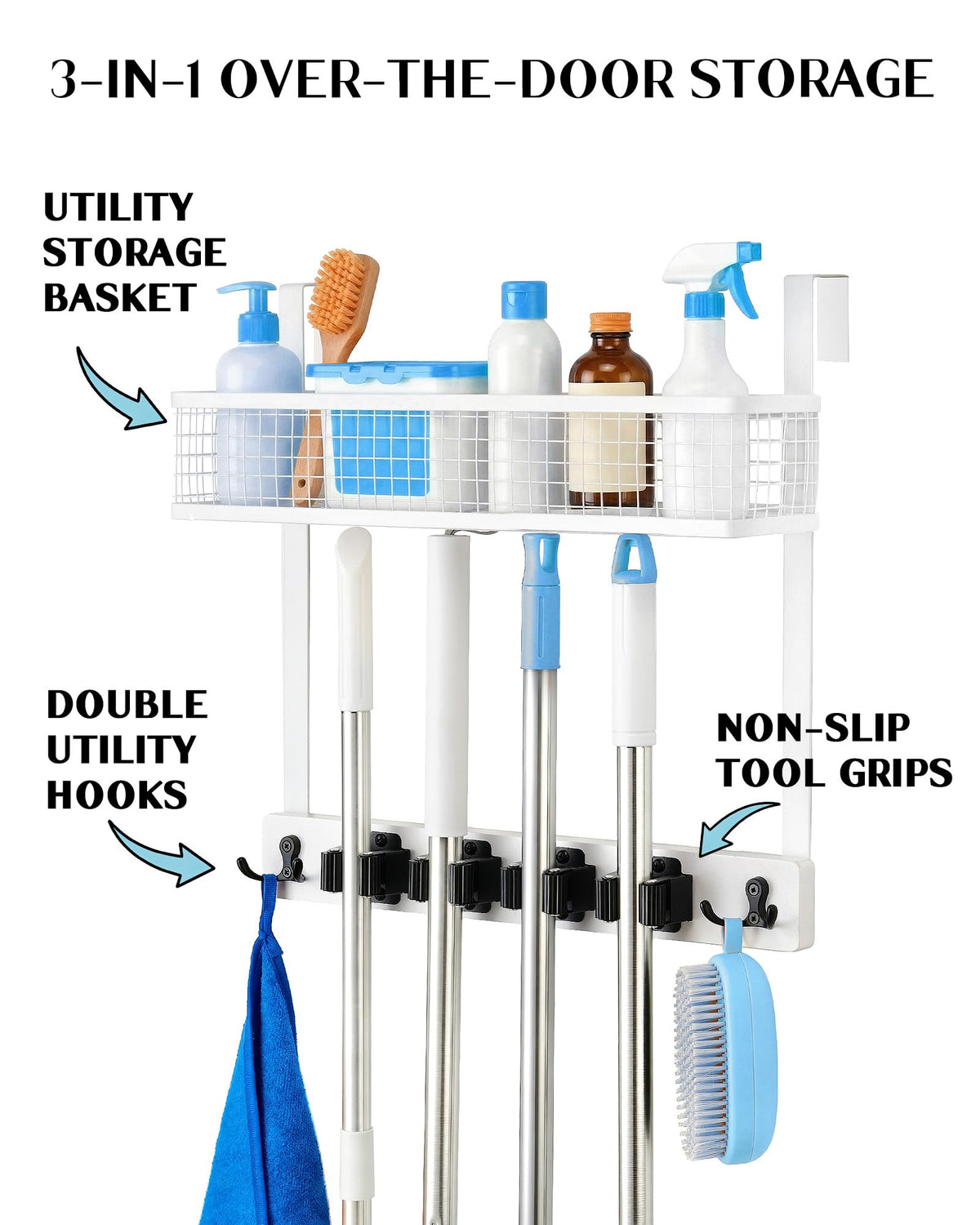 Lorbro four-grips slots securely hold brooms and mops.