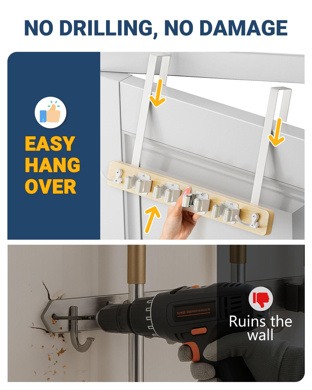 Lorbro mop holder with four slots and hooks for compact storage and easy access.
