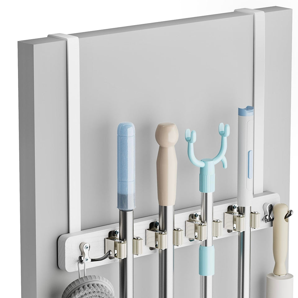 Lorbro over-door broom holder for easy tool access without wall damage.