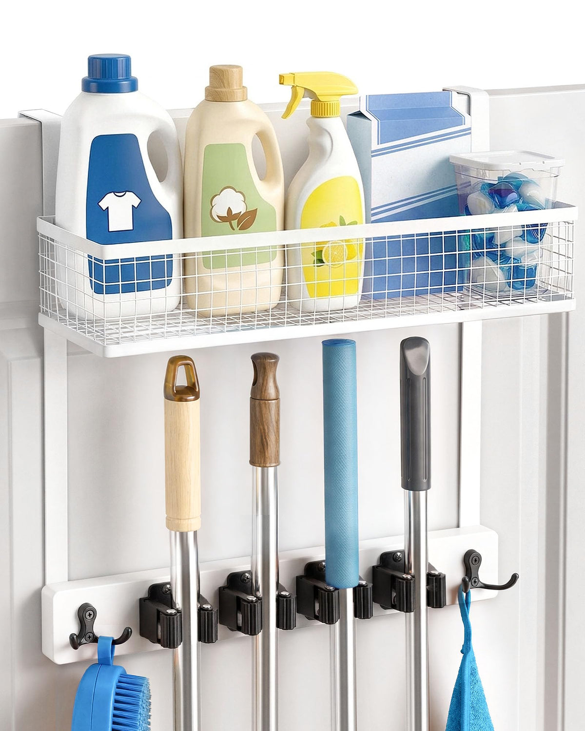 Lorbro over-door broom holder keeps tools accessible and organized.