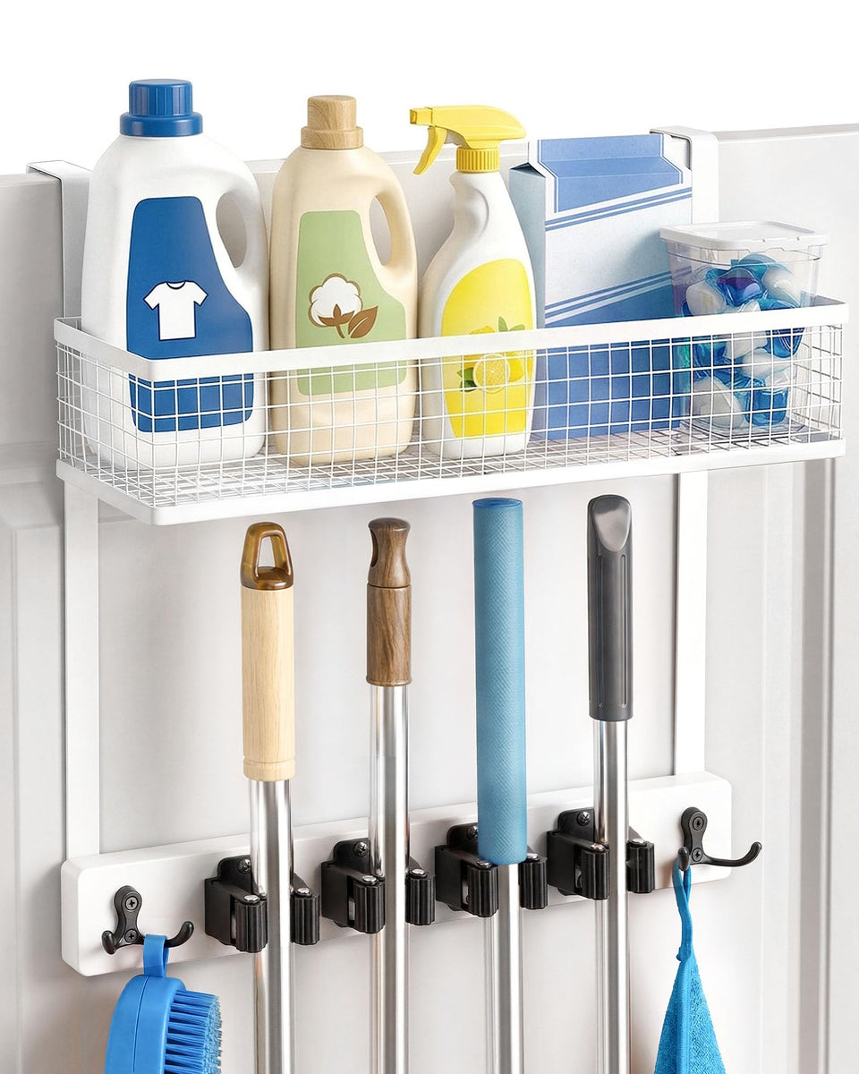 Lorbro over-door broom holder keeps tools accessible and organized.